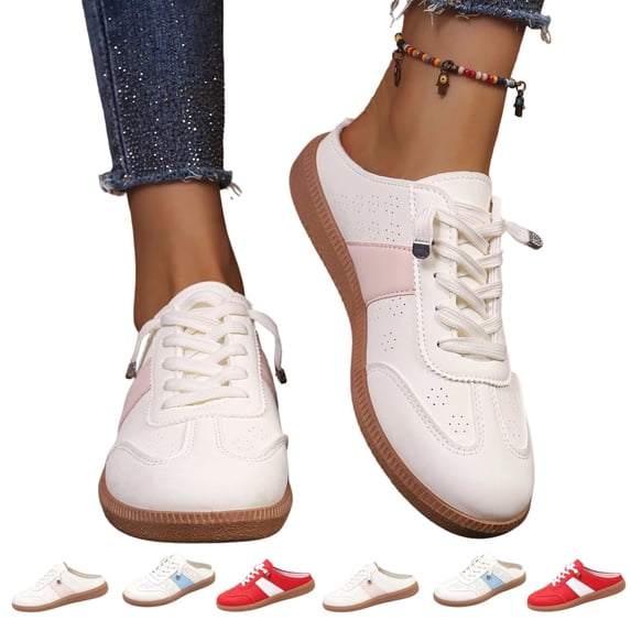 IEMIEMIEM Backless Trainers for Women Slip-On Mule Sneakers Breathable Open Back Lace-Up Casual Walking Shoes Retro Tennis Shoes 8 wide