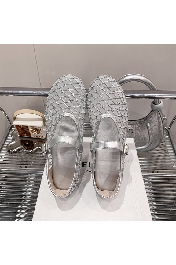 Ballet Flats for Women Mesh Woven Mary Jane Flat Comfortable Closed Toe Buckle Strap Slip On Shoes Causal Breathable Ballerina Shoes Silver 7 Wide