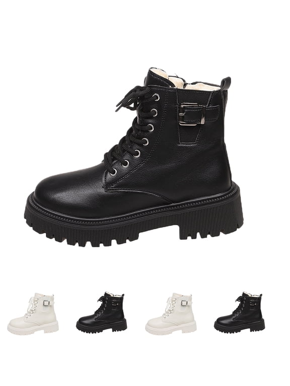Boots for Women Fleece Lined Platform Buckle Faux Leather Lace Up Ankle Combat Boots Non Slip Lug Thick Sole Fall Winter Short Boots Black 8 Wide