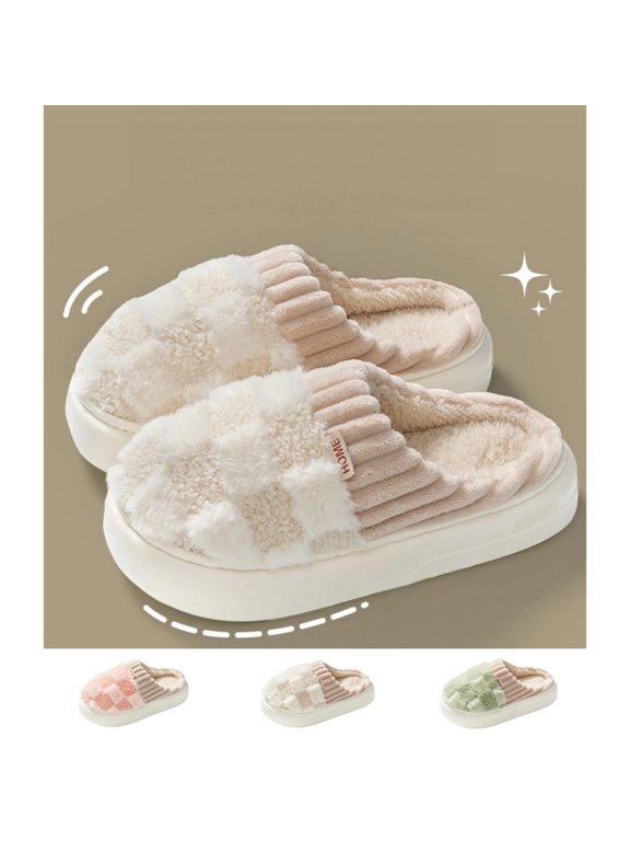 Checkered Slipper House Slippers for Women Plush Warm Fuzzy Slippers Soft Bedroom Shoes Indoor Slip On Home Shoes 7.5-8.5 wide