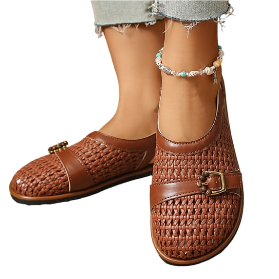 IEMIEMIEM Flats for Women Mesh Mary Jane Slides Comfortable Breathable Non Slip Slip on Closed Rounded Toe Flat Sandals Summer Beach Slippers Brown 8.5 Wide