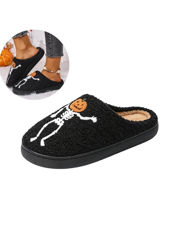 Halloween Slippers for Women Men Pumpkin Skeleton Graphic Fuzzy Slippers Gothic Novelty Fun Cute Plush Indoor Shoes Slip On Bedroom Adult Unisex Gift 5.5 wide