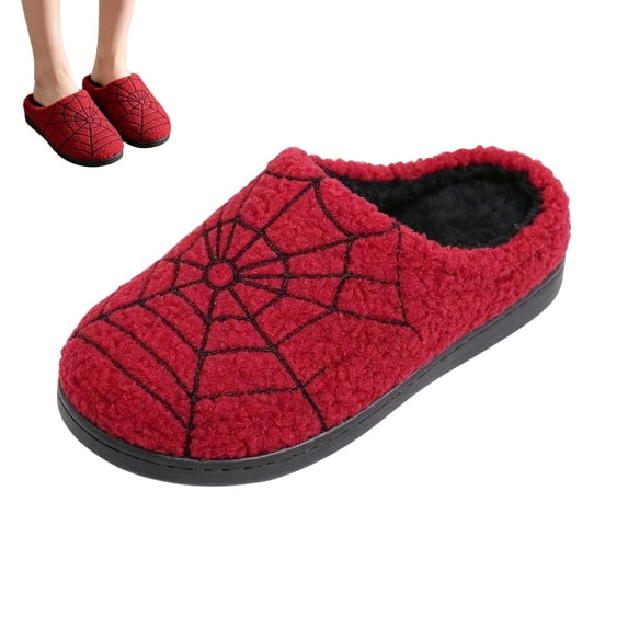 IEMIEMIEM Halloween Slippers for Men Women Fluffy Plush Warm House Slippers with Ghost Spider Web Design Non-Slip Home Spooky Shoes Red 8-9 Wide
