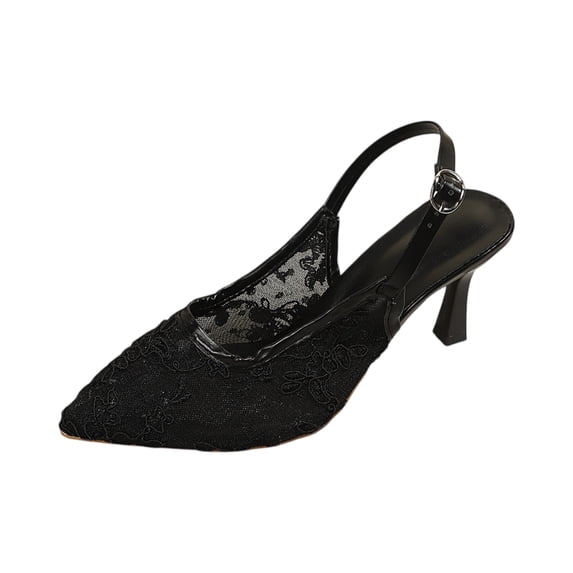 IEMIEMIEM Kitten Heels for Women Lace Mesh Pointed Toe Mesh Floral Slingback Heeled Sandals With Pearl Slip On Backless Bridal Wedding Sandals Shoes Black 5.5 Wide