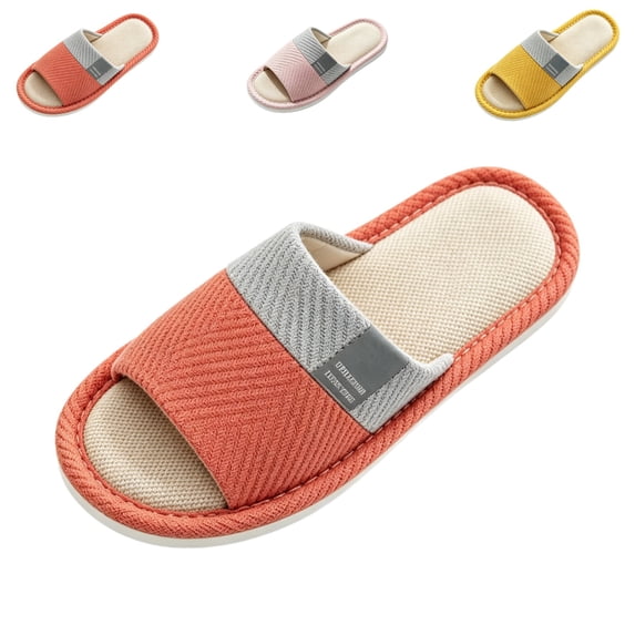 IEMIEMIEM Linen Slippers for Women Japanese Style Summer House Slippers Indoor Lightweight Open Toe Bathroom Slides Soft Sole Sandals for Home 6.5-7 wide