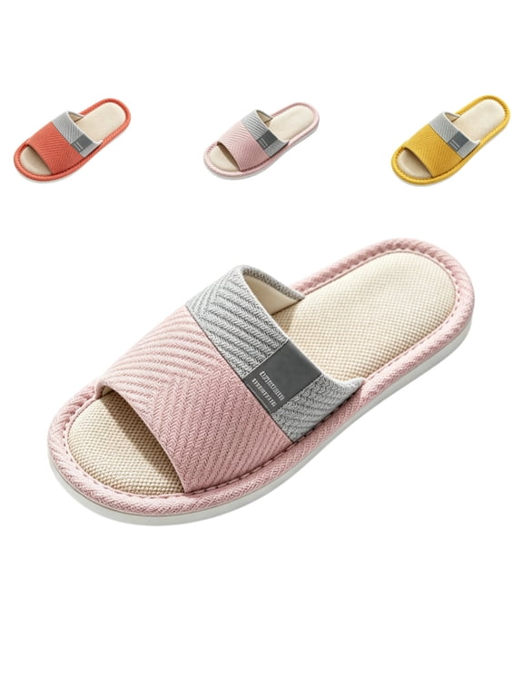 Linen Slippers for Women Japanese Style Summer House Slippers Indoor Lightweight Open Toe Bathroom Slides Soft Sole Sandals for Home 8-9 wide