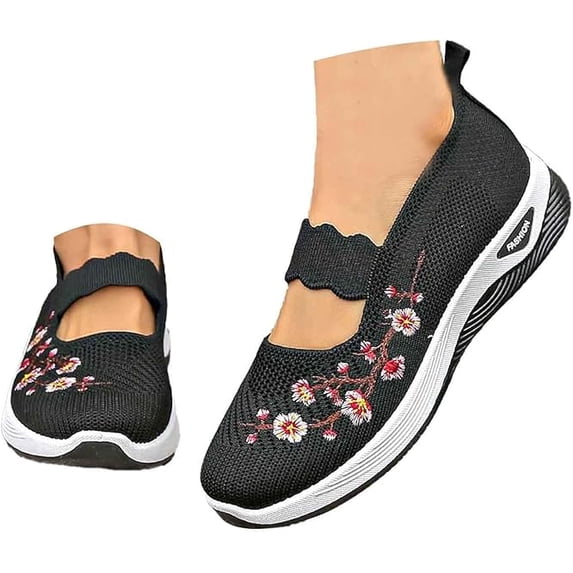 IEMIEMIEM Loafers for Women Flower Embroidered 2026 Slip On Knitting Flat Comfortable Soft Sole Tennis Shoes Breathable Mesh Comfy Platform Non Slip Walking Sneakers Black 5.5 Wide