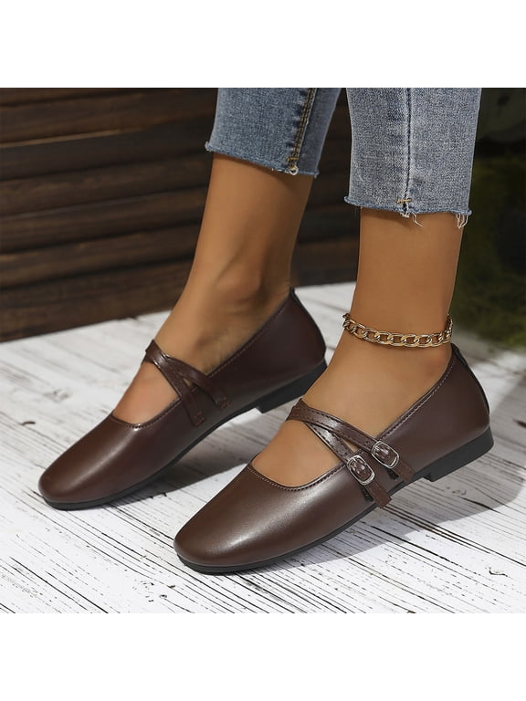Mary Jane Flats for Women Retro Square Toe Soft Ballet Flats Comfort Double Line Strap Wedding Dressy Flats Brown 8 Wide