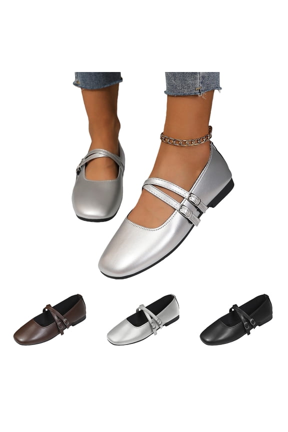 Mary Jane Flats for Women Retro Square Toe Soft Ballet Flats Comfort Double Line Strap Wedding Dressy Flats Silver 9 Wide