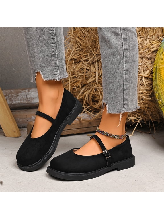 Mary Jane Shoes Women Suede Ballet Flats Platform Non-Slip Classics Round Toe Ankle Buckle Strap Comfort Casual Dress Work Mary Jane Flat Shoes Black 7.5 Wide