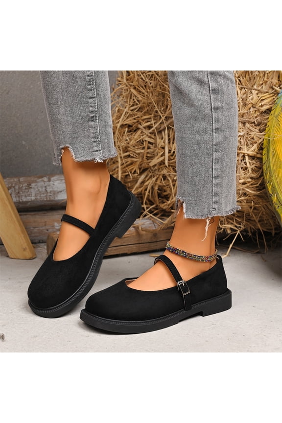 Mary Jane Shoes Women Suede Ballet Flats Platform Non-Slip Classics Round Toe Ankle Buckle Strap Comfort Casual Dress Work Mary Jane Flat Shoes Black 7 Wide