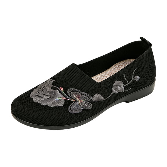 IEMIEMIEM Orthopedic Casual Shoes for Women Arch Support Flower Embroidered Non Slip Slip on Work Shoes Wide Width Knitted Mesh Stretch Server Shoes Soft 2026 New Foam Shoes Black 8 Wide
