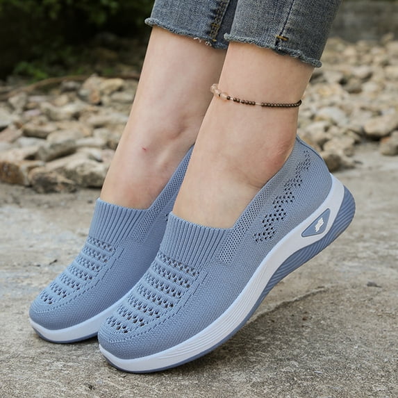 IEMIEMIEM Orthopedic Casual Shoes for Women Arch Support Non Slip Slip on Sneakers Breathable Knitted Mesh Stretch Volleyball Shoes Soft 2026 New Foam Shoes Blue 7 Wide