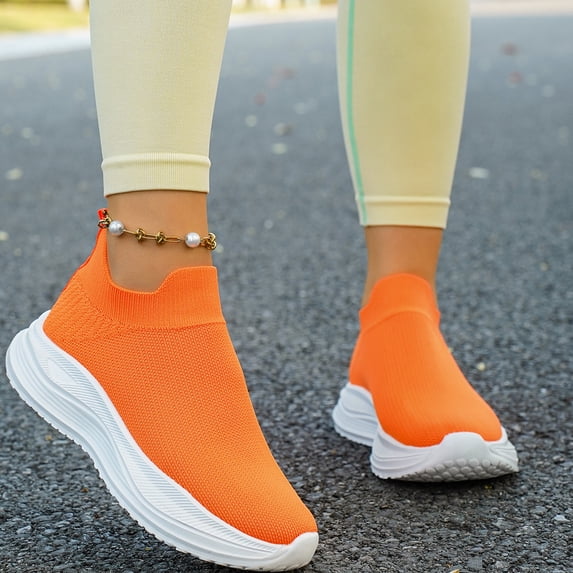 IEMIEMIEM Orthopedic Casual Shoes for Women Arch Support Nurse Shoes Lightweight Slip on Non Slip Hiking Shoes Knitted Mesh Stretch Comfortable 2026 New Orthopedic Shoes Orange 5.5 Wide