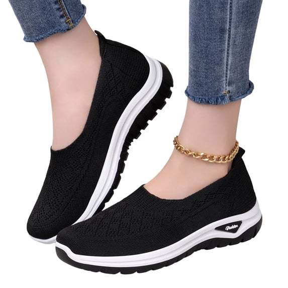 IEMIEMIEM Orthopedic Casual Shoes for Women Arch Support Work Shoes Breathable Slip on Non Slip Volleyball Shoes Knitted Mesh Stretch Comfort 2026 Foam Shoes Black 5.5 Wide