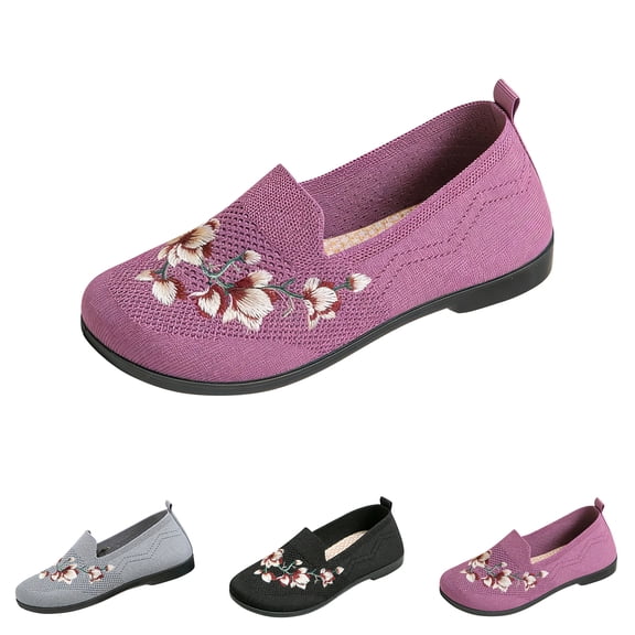 IEMIEMIEM Orthopedic Dress Shoes for Women Arch Support Flower Embroidered Slip on Non Slip Tennis Shoes Lightweight Mesh Stretch Volleyball Shoes Comfortable 2026 New Foam Shoes Purple 6.5 Wide