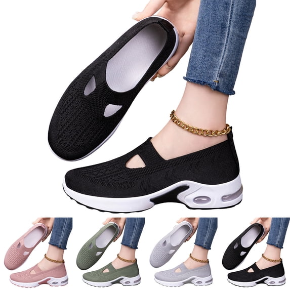 IEMIEMIEM Orthopedic Dress Shoes for Women Arch Support Tennis Shoes Wide Slip on Non Slip House Shoes Knitted Mesh Stretch Comfort 2026 Foam Shoes Black 8.5 Wide