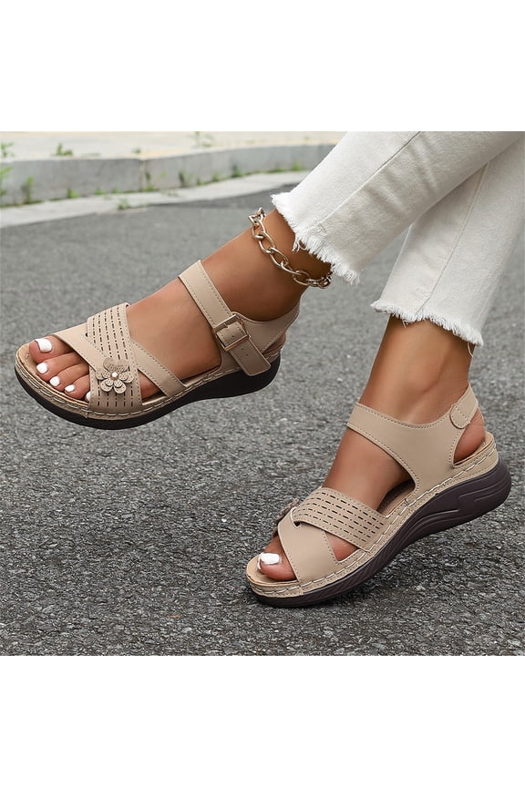 Orthopedic Sandals for Women 2026 Summer Dressy Strappy Arch Support Flat Wedge Sandals Soft Open Toe Ankle Strap Comfortable Platform Slip-On Beach Walking Casual Shoes Beige 8 Wide