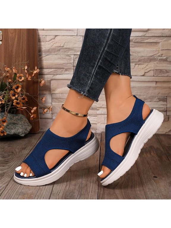 Orthopedic Sandals for Women Walking Shoes with Arch Support Summer Open Toe Knitted Sports Shoes Lightweight Platform Sandals Blue 8.5 Wide