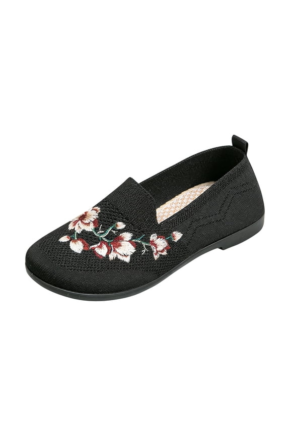 Orthopedic Shoes for Women Arch Support Flower Embroidered Work Shoes Wide Non Slip Slip on Server Shoes Knitted Mesh Stretch Comfort 2026 New Foam Shoes Black 7 Wide