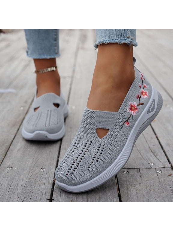 Orthopedic Shoes for Women Arch Support Non Slip Flower Embroidered Slip On on Sneakers Wide Width Mesh Stretch Volleyball Shoes Soft 2026 New Orthopedic Shoes Gray 7 Wide