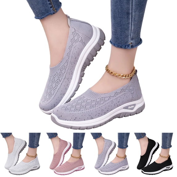 IEMIEMIEM Orthopedic Shoes for Women Arch Support Slip on Non Slip Sneakers Wide Knitted Mesh Stretch Hiking Shoes Soft 2026 New Foam Shoes Gray 5.5 Wide