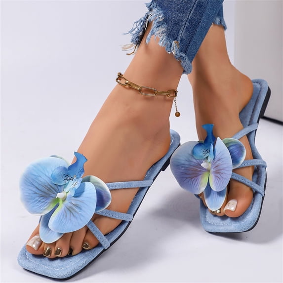 IEMIEMIEM Sandals for Women 3D Flower Dressy Square Open Toe Floral Flat Sandals 2026 Summer Beach Vacation Slides Blue 8.5 Wide