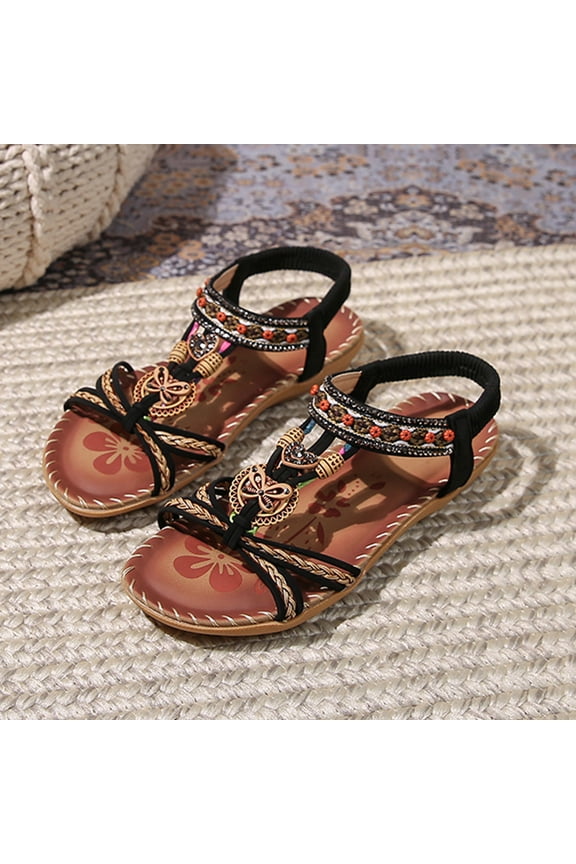 Sandals for Women Dressy 2026 Summer Flat Casual Open Toe Bohemia Sandals Lightweight Beach Vacation Walking Shoes Black 5 Wide
