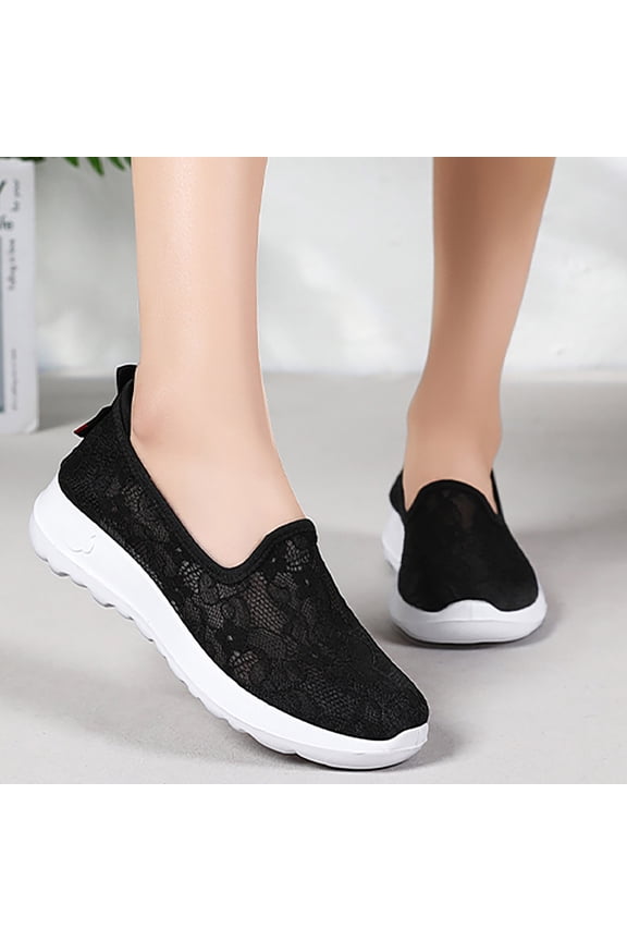 Sneakers for Women 2026 Fashion Embroidery Floral Mesh Air Comfort Chunky Sole Hidden High Heels Slip On Loafers Breathable Walking Work Shoes with Arch Support Black 7 Wide