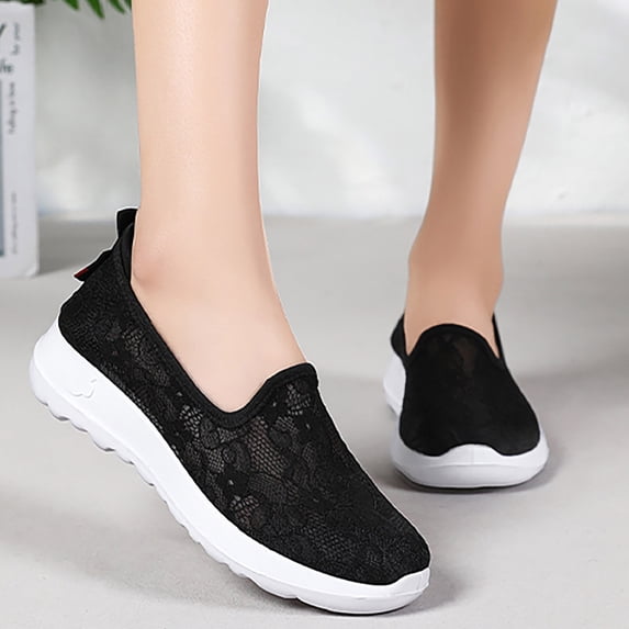 IEMIEMIEM Sneakers for Women 2026 Fashion Embroidery Floral Mesh Air Comfort Chunky Sole Hidden High Heels Slip On Loafers Breathable Walking Work Shoes with Arch Support Black 5.5 Wide