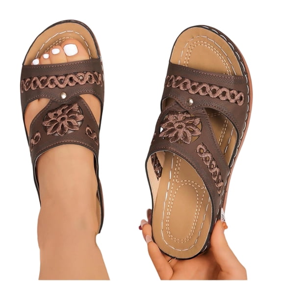 IEMIEMIEM Wedge Sandals for Women Casual Dressy Summer Slip On Womens Floral Slide Comfortable Walking Platform Sandals Coffee 7 Wide