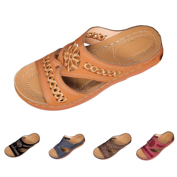 IEMIEMIEM Wedge Sandals for Women Casual Dressy Summer Slip On Womens Floral Slide Comfortable Walking Platform Sandals Light Brown 7.5 Wide