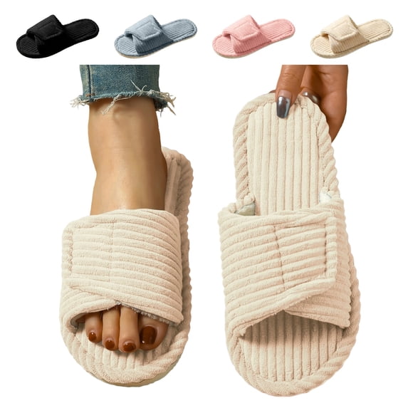 IEMIEMIEM Woman Memory Foam Slippers Open Toe Soft Corduroy Hook& Loop Non-Slip Warm Winter Indoor Outdoor Sole House Shoes 6.5-7 wide