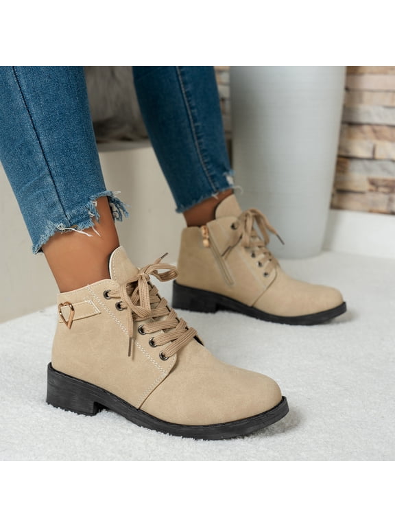 Women Ankle Boots Buckle Strap Heart Decor Round Toe Booties Lace Up Low Heel Short Boot Side Zipper Leather Casual Bootie Beige 8.5 Wide