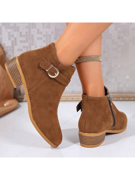 Women Faux Suede Buckle Ankle Boots Round Toe Low Wood Block Heel Slip On Western Short Booties Non Slip Rubber Sole for Fall Winter Daily Wear Camel 8.5 Wide
