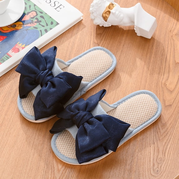 IEMIEMIEM Women House Slippers Two-Tone Bow Linen Open Toe Comfortable Breathable Slip On Indoor Slide Slippers Summer Shoes Blue