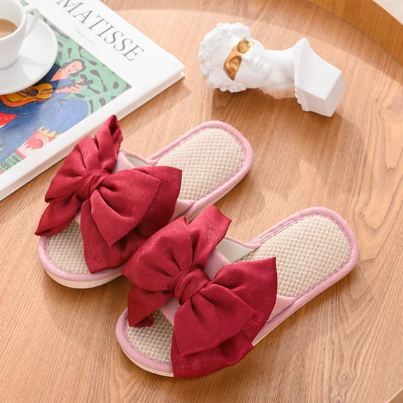 IEMIEMIEM Women House Slippers Two-Tone Bow Linen Open Toe Comfortable Breathable Slip On Indoor Slide Slippers Summer Shoes Wine