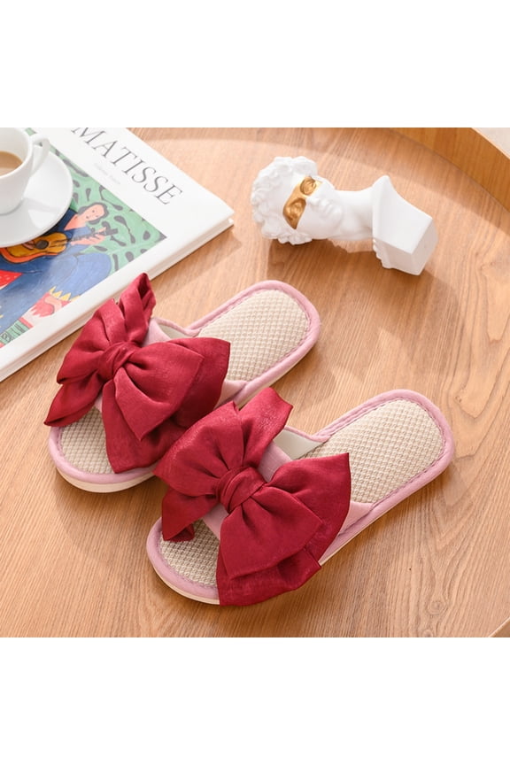 Women House Slippers Two-Tone Bow Linen Open Toe Comfortable Breathable Slip On Indoor Slide Slippers Summer Shoes Wine