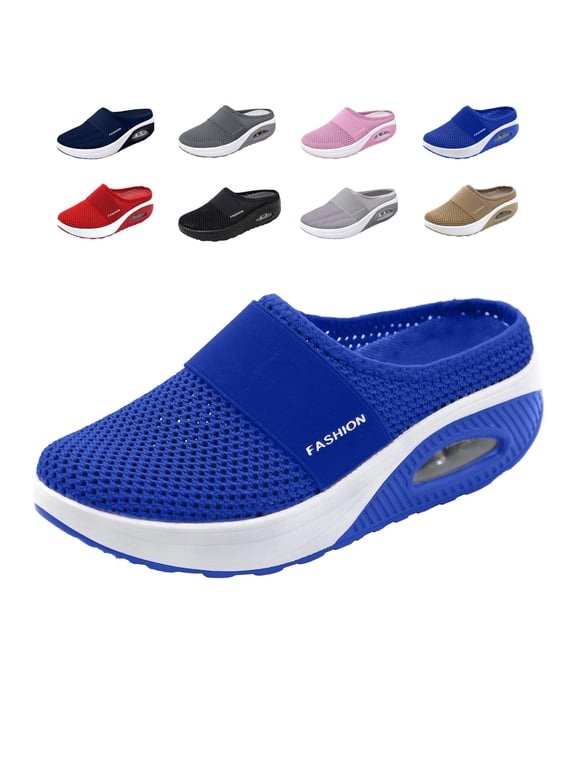 Women Sandals Summer Slip On Closed Toe Shoes Wide Width Clogs Mesh Slippers Air Cushion Orthopedic Walking Shoes Backless Sneakers with Arch-Support 5.5 wide