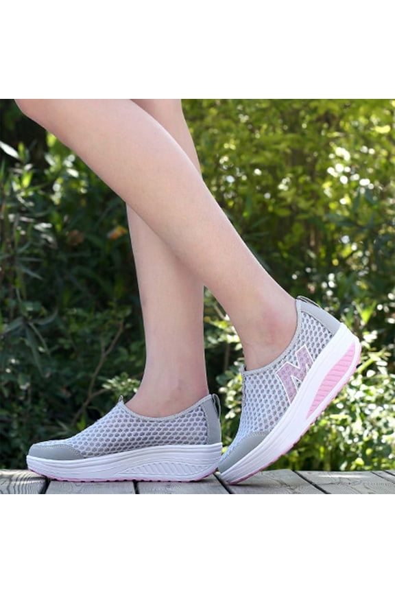 Women's Air Cushion Sneakers Embroidery Lace Mesh Comfortable Orthopedic Diabetic Walking Toning Shoes Breathable Slip on Platform Loafers Casual Fashion Rocker Shoes Light Gray 5.5 Wide
