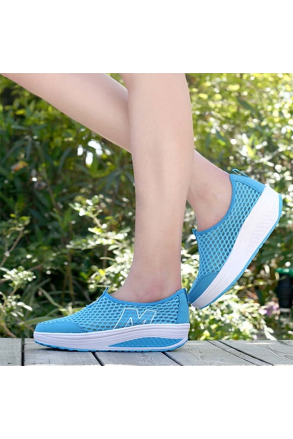 Women's Air Cushion Sneakers Embroidery Lace Mesh Comfortable Orthopedic Diabetic Walking Toning Shoes Breathable Slip on Platform Loafers Casual Fashion Rocker Shoes Sky Blue 7 Wide