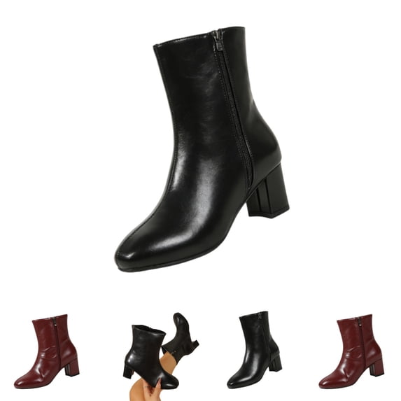 IEMIEMIEM Women's Ankle Boots Faux Leather Side Zipper Rounded Square Toe Block Heel Short Booties Retro Elegant Mid Calf Boots Autumn Winter Dating Party Daily Outfits Black 8 Wide