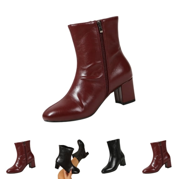 IEMIEMIEM Women's Ankle Boots Faux Leather Side Zipper Rounded Square Toe Block Heel Short Booties Retro Elegant Mid Calf Boots Autumn Winter Dating Party Daily Outfits Wine 6.5 Wide