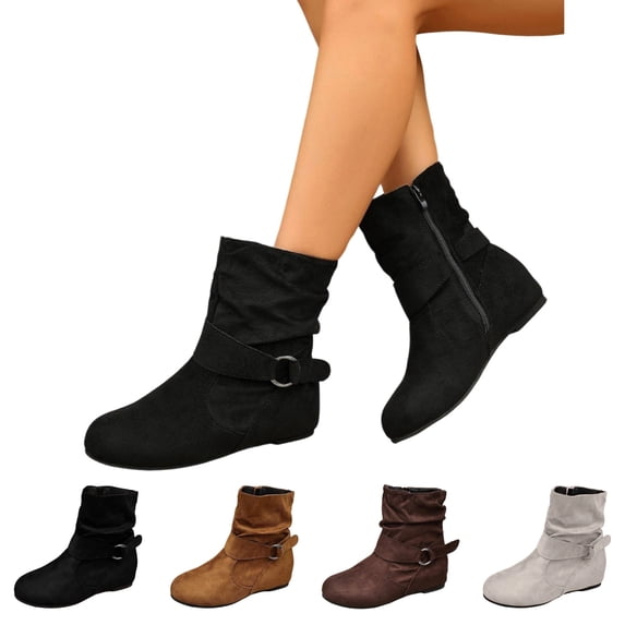 IEMIEMIEM Women's Ankle Boots Flat Casual Slouch Hidden Low Heel Fashion Suede Round Toe Slip On Zipper Booties Soft Fall Winter Dress Short Boots Comfortable Outdoor Snow Boots Black 8.5 Wide