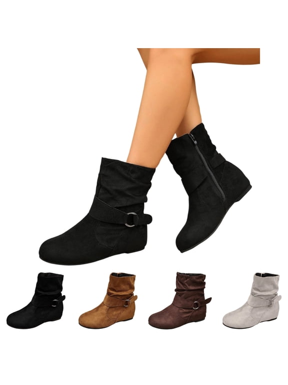 Women's Ankle Boots Flat Casual Slouch Hidden Low Heel Fashion Suede Round Toe Slip On Zipper Booties Soft Fall Winter Dress Short Boots Comfortable Outdoor Snow Boots Black 10 Wide