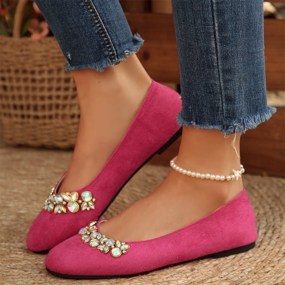 IEMIEMIEM Women's Ballet Flats with Pearl Clip - Faux Suede Pointed Toe Slip On, Comfortable Soft Shoes for Wedding Guest, Office & Dressy Events Red 10 Wide