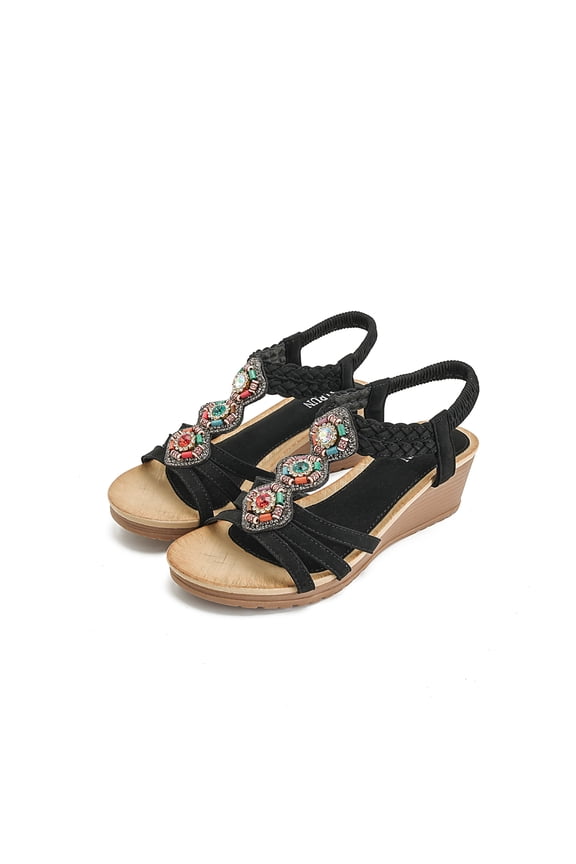 Women's Bohemian Platform Wedge Sandals Rhinestone Embellished Braided Strappy Sandals with Elastic Ankle Strap Comfortable Summer Dress Shoes Black 9 Wide