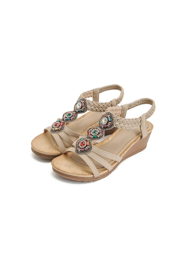 Women's Bohemian Platform Wedge Sandals Rhinestone Embellished Braided Strappy Sandals with Elastic Ankle Strap Comfortable Summer Dress Shoes Khaki 9 Wide