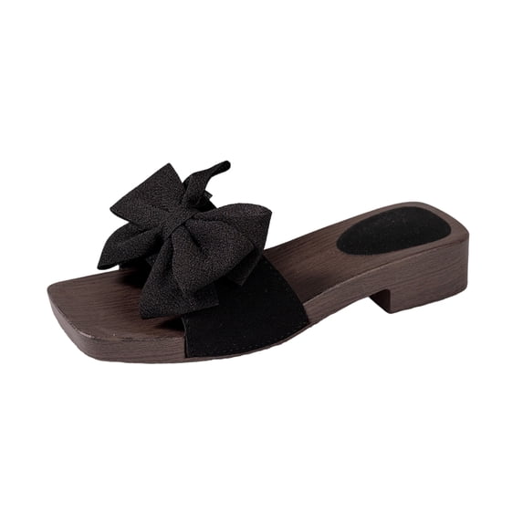 IEMIEMIEM Women's Bow Flat Thick Sole Strap Sandals Open Toe Thick Heel Comfortable Beach Slides Summer Slip On 2026 Trendy Shoes Black 7.5 Wide