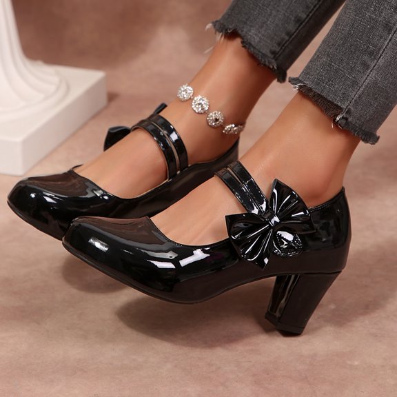 IEMIEMIEM Women's Bow Heels Sparkly Mary Jane Block Chunky Heel Comfortable Pumps Slip On Round Toe Low Heels Wedding Evening Party Dress Shoes Black 8 Wide